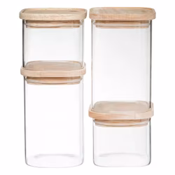 Set 4 borcane depozitare ermetice 5Five, sticla borosilicata si capac lemn, transparent