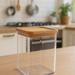 Cutie depozitare 5Five Eske patrata 1L, capac bambus, PS transparent
