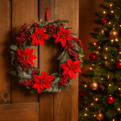 Coronita decorativa pentru Craciun, cu flori Poinsettia, diametru 50 cm, verde si rosu