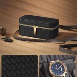 SONGMICS Cutie ceasuri Ronne Collection, pentru 3 ceasuri, piele PU aspect impletit, 10x20x9 cm, negru