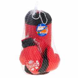 Set sac de box pentru copii 53x45 cm, cu manusi incluse, pentru antrenament acasa, rosu-negru