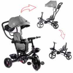Tricicleta 3in1 105x52x94 cm, cu sezut rotativ 360°, roti fara aer, copertina reglabila, gri