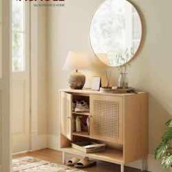 VASAGLE Raft pantofi 3 usi cu aspect ratan, cadru PAL si picioare metalice, stil boho, 80x35x70 cm, stejar bej
