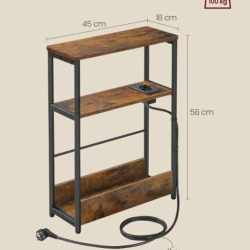 VASAGLE Masuta ingusta cu priza si porturi de incarcare USB, 3 rafturi, 45x18x58 cm, maro rustic