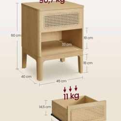 VASAGLE Noptiera 45x40x60 cm, cu sertar aspect ratan si raft, stil boho, PAL si MDF, natur