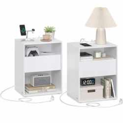 VASAGLE Set 2 noptiere cu porturi USB si prize, sertar si rafturi deschise, 45x35x58 cm, alb mat