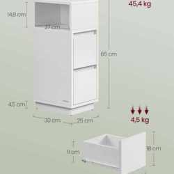 VASAGLE Set 2 noptiere inguste cu 2 sertare si compartiment deschis reversibil, PAL si MDF, 30x25x65 cm, alb