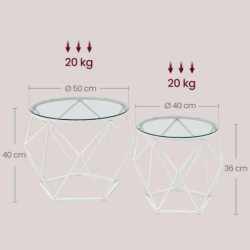 VASAGLE Set 2 masute rotunde, blat sticla securizata, cadru metalic alb, 40 si 50 cm, alb