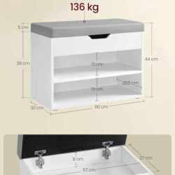 VASAGLE Pantofar cu bancheta tapitata, 3 compartimente, PAL si sezut din PU, 60x30x44 cm, alb