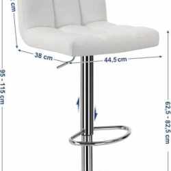SONGMICS Set 2 scaune bar reglabile pe inaltime, cu spatar, sezut PU si suport picioare, rotatie 360°, 38x45x115 cm, alb
