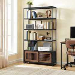 VASAGLE Biblioteca cu 5 rafturi si dulap, rama metalica si finisaj MDF nuc, 100x35x180 cm, negru