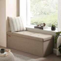 SONGMICS bancheta pliabila cu spatiu de depozitare 110x38x38 cm, MDF si material textil, capacitate 300 kg, maro camel