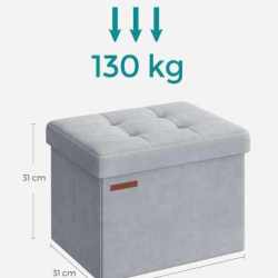SONGMICS Taburet pliabil cu spatiu de depozitare, catifea matlasata, 31x41x31 cm, 130 kg, gri