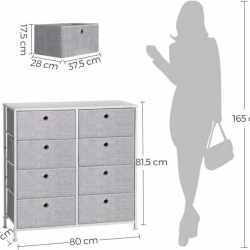 SONGMICS Comoda cu 8 sertare din material textil, cadru metalic si blat MDF, 80x30x81 cm, gri si alb