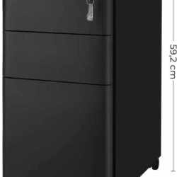 SONGMICS Dulap birou rollbox, cu 3 sertare si roti, corp metalic preasamblat cu incuietoare, pentru documente A4, 46x30x59 cm, negru
