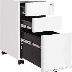 SONGMICS Dulap birou rollbox, cu 3 sertare si roti, corp metalic preasamblat cu incuietoare, pentru documente A4, 46x30x59 cm, alb