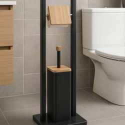 Suport WC cu perie 5Five Natureo, cu suport hartie igienica, metal si bambus, 20x20x80 cm, negru