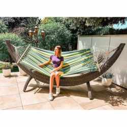 Hamac dublu cu bare din lemn, pentru 2 persoane, bumbac, 150kg, 200x150 cm, verde si galben