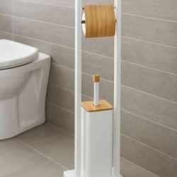 Suport WC cu perie 5Five Natureo, cu suport hartie igienica, metal si bambus, 20x20x80 cm, alb