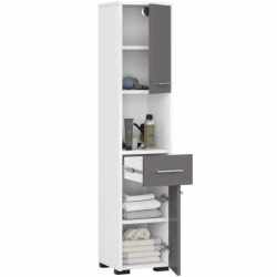 Dulap baie tip coloana cu 2 usi, 1 sertar si rafturi interioare, PAL laminat, 30x30x140 cm, alb si gri