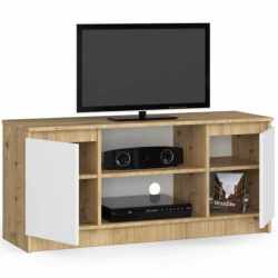 Comoda TV cu 2 usi si o polita, PAL laminat 16 mm, 120x40x55 cm, stejar artisan si alb