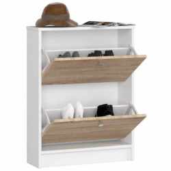 Dulap pantofi cu 2 usi rabatabile, PAL laminat 16 mm, 60x20x80 cm, alb si stejar sonoma