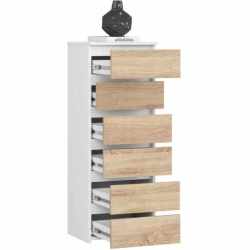 Comoda cu 6 sertare, PAL laminat 16 mm, 40x35x109 cm, alb si stejar sonoma