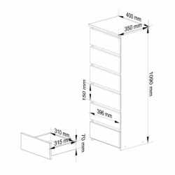Comoda cu 6 sertare, PAL laminat 16 mm, 40x35x109 cm, stejar sonoma