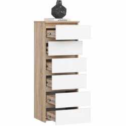 Comoda cu 6 sertare, PAL laminat 16 mm, 40x35x109 cm, stejar sonoma si alb