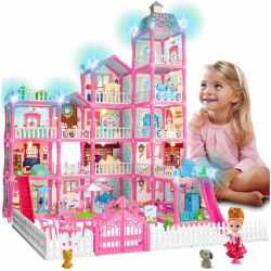 Casa de papusi pentru copii cu 374 piese, animale, mobilier si accesorii, 80x60x50 cm, roz