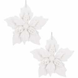 Set 10 flori de Craciun 12 cm, ornamente cu sclipici, plastic, alb