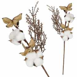 Ramura decorativa Craciun cu bumbac si plante uscate, 37 cm, alb/maro