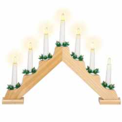 Sfesnic decorativ LED cu 7 lumanari si coronite verzi, alimentare baterii, 40x31 cm, maro si alb
