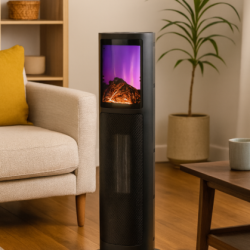 Semineu electric tip coloana cu efect de flacara, 2000W, termostat, 20x20x64 cm, negru