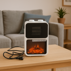 Semineu electric cu efect de flacara, 600-1200 W, 14x21x36 cm, alb