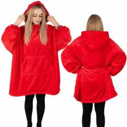 Hanorac tip patura oversize din fleece moale, cu gluga si buzunar mare, rosu