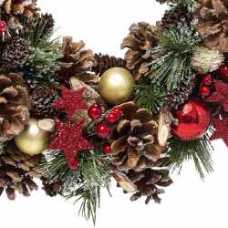 Coronita decorativa cu frunze si conuri, diametru 35 cm, multicolora