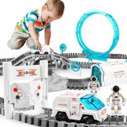 Set constructii traseu auto spatial pentru copii cu 205 piese, astronauti, vehicul electric si proiectie, 46x31x11 cm