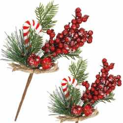 Ramura decorativa Craciun cu fructe rosii, acadea si sfoara iuta, 24 cm, rosu