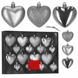 Set globuri decorative in forma de inima, 16 bucati, plastic, 4-7 cm, argintiu