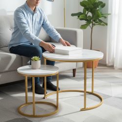 Set 2 masute cafea suprapozabile, MDF si metal, 60x50 cm si 40x40 cm, alb marmura si auriu