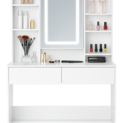Masa de toaleta cu oglinda, iluminare LED reglabila, 2 sertare, MDF, 90x40x145 cm, alb