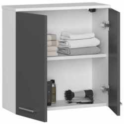 Dulap baie suspendat, cu 2 usi si 1 raft interior, PAL 16 mm, 60x23x60 cm, alb si gri