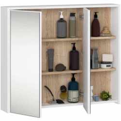 Dulap de baie suspendat cu oglinda, 2 usi si 3 rafturi interioare, PAL 16 mm, 90x15x75 cm, alb si stejar sonoma