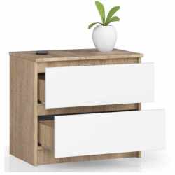 Noptiera cu 2 sertare din PAL laminat 16 mm, 60x40x55 cm, stejar sonoma si alb