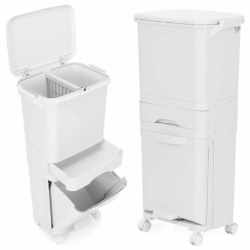Cos de gunoi pentru colectare selectiva cu 3 compartimente, pe roti, 42 L, alb
