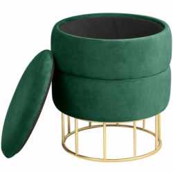 Taburet tapitat rotund Elza cu spatiu de depozitare, velur, 37x37x42 cm, verde smarald