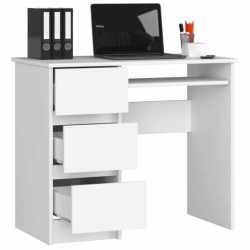 Birou computer cu 3 sertare si raft pentru tastatura, stanga, 90x50x77 cm, alb