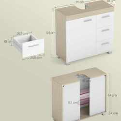 VASAGLE Dulap lavoar baie cu 3 sertare si 2 compartimente, MDF, 30x70x64 cm, alb si bej
