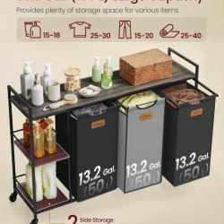 VASAGLE Cos de rufe cu rafturi si roti, 3 compartimente cu saci de rufe detasabili, 3x50 litri, 117x33x81 cm, maro si negru